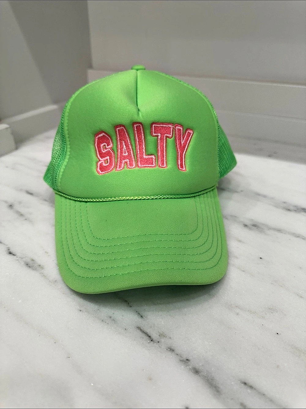 OTTO Cap High Crown Foam Trucker Hat Green & Pink. Salty logo. Like new